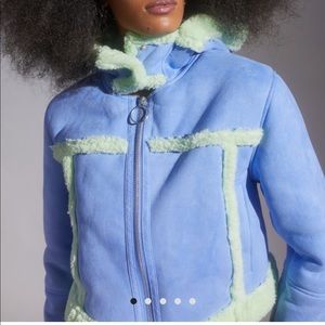 Urban Outfitters Roselyn Faux Sherling Blue Cozy cropped hood Jacket Coat